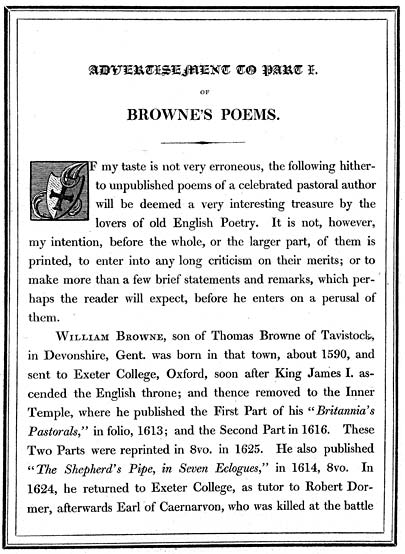 'Advertisement to Part I', from Lee Priory Press 'Original Poems by William Browne' 1815, published size 14.27cm wide by 19.54cm high.