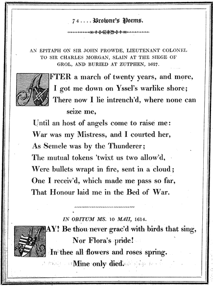 Layout of poetry pages from Lee Priory Press 'Original Poems by William Browne' 1815, page 74, published size 14.69cm wide by 19.58cm high.