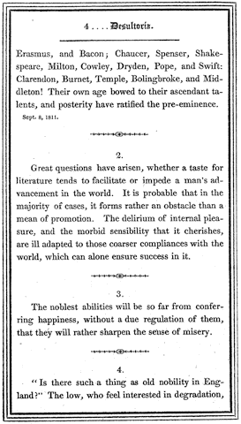 From Lee Priory Press 1815 : 'Desultoria : or Comments of a South-Briton on Books and Men' by Sir Egerton Brydges, page 4, published size 8.1cm wide by 14.4cm high.