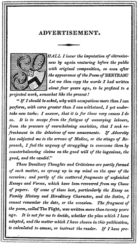 From Lee Priory Press 1815 : 'Desultoria : or Comments of a South-Briton on Books and Men' by Sir Egerton Brydges, page v, published size 8.1cm wide by 14.4cm high.