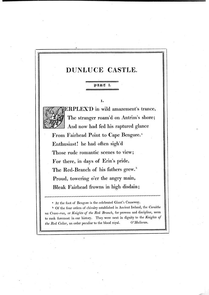 From Edward Quillinan 'Dunluce Castle', 1814, page 3,  published size 23.5cm wide by 30cm high (boxed area 13.6cm wide by 18.5cm high). Letter P, 2.1cm by 2.1cm.