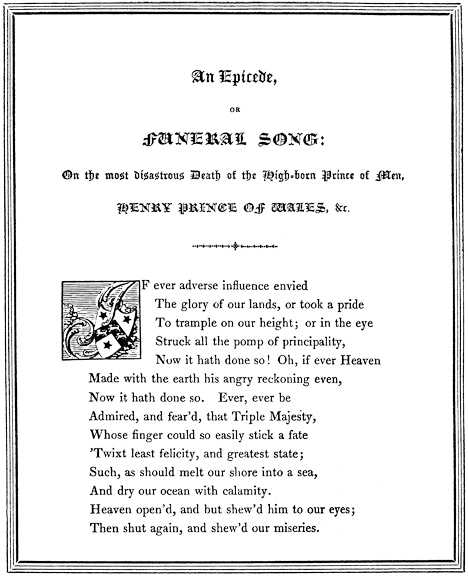 Image of first page of poem, from Lee Priory Press (1818), 'An Epicede or Funeral Song' by George Chapman, 1612, published size 12.5cm wide by 15.3cm high.