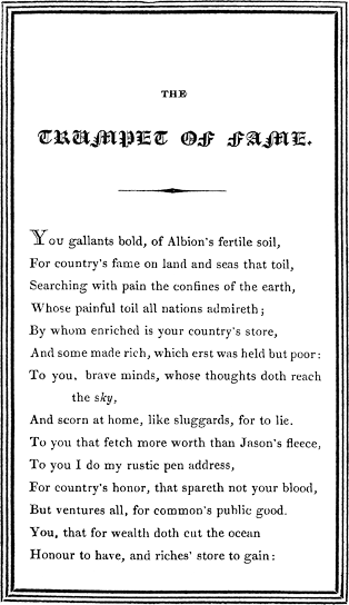 Image of page 1, from Lee Priory Press (1818), 'The Trumpet of Fame' by Henry Roberts / Robarts, 1595, published size 8.2cm wide by 14.3cm high.