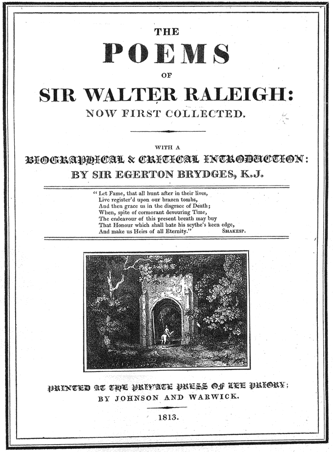 Title page, from Lee Priory Press 'The Poems of Sir Walter Raleigh' 1813, published size 14.44cm wide by 19.59cm high.