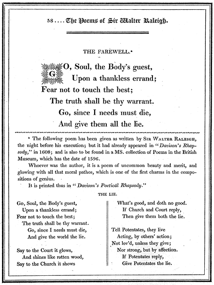 The Farewell, poem from Lee Priory Press 'The Poems of Sir Walter Raleigh' 1813, page 1, published size 14.73cm wide by 19.63cm high.