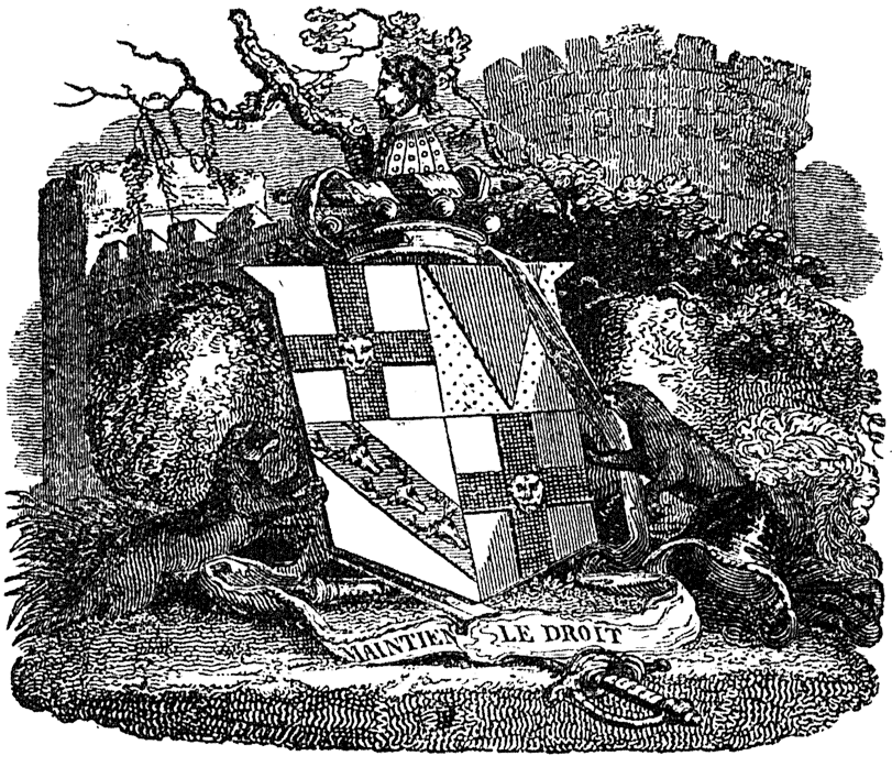 'Maintien Le Droit' Chandos family shield with Sudeley Castle in background. From Sir Egerton Brydges 'Character of Lord Rokeby' 1817, page 3, published size 6.9cm wide by 5.8cm high.