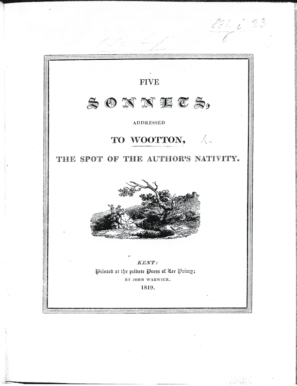 From Sir Egerton Brydges 'Five Sonnets' 1819, page 1, published size 17.7cm wide by 22.5cm high, box area 12.4cm wide by 15.3cm high.