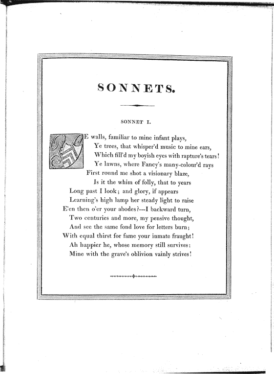 Sonnet 1, from Sir Egerton Brydges 'Five Sonnets' 1819, page 3, published size box area 12.4cm wide by 15.1cm high.
