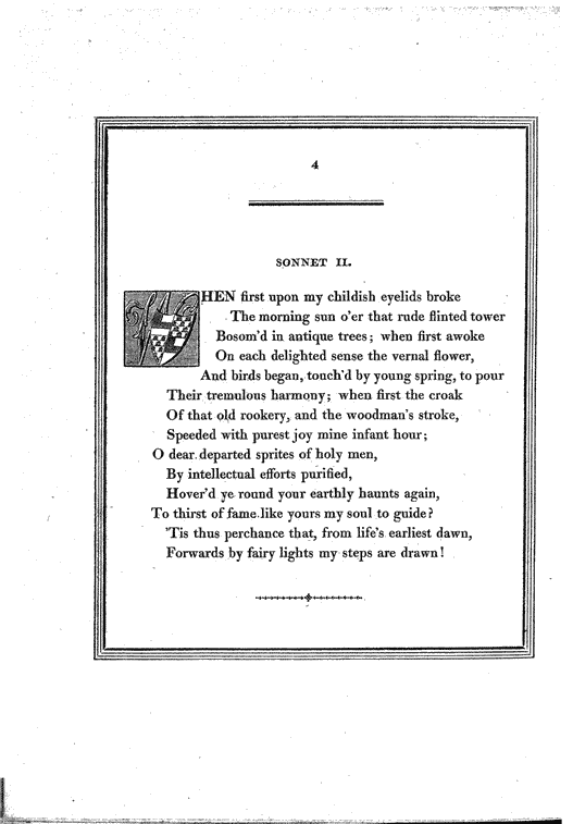 Sonnet 2, showing style on continuing pages, from Sir Egerton Brydges 'Five Sonnets' 1819, page 4, published size box area 12.5cm wide by 15.1cm high.