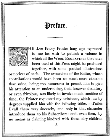 Preface page from Lee Priory Press 'Woodcuts and Verses' 1820, published size 12.53cm wide by 15.51cm high.