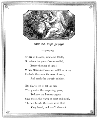 Ode to the Muse page [15]  from Lee Priory Press 'Woodcuts and Verses' 1820, published size 12.92cm wide by 15.56cm high.