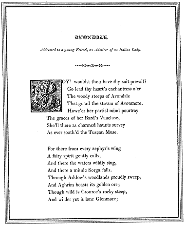 'Avondale' page, page 107, from Lee Priory Press 'Woodcuts and Verses' 1820, published size 12.7cm wide by 15.45cm high.