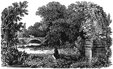 Lee Priory garden with horse on bridge