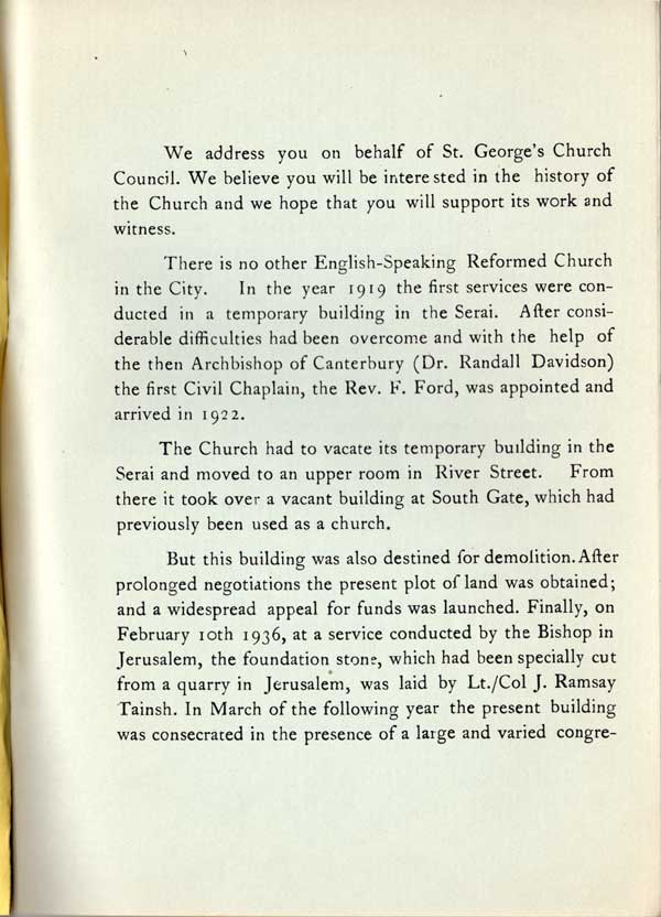 Page 1 of the parish booklet giving a short history of St.George's Memorial Church, Baghdad. Possible date 1950s, but may be earlier. Printed size 13.96cm wide by 19.36cm high