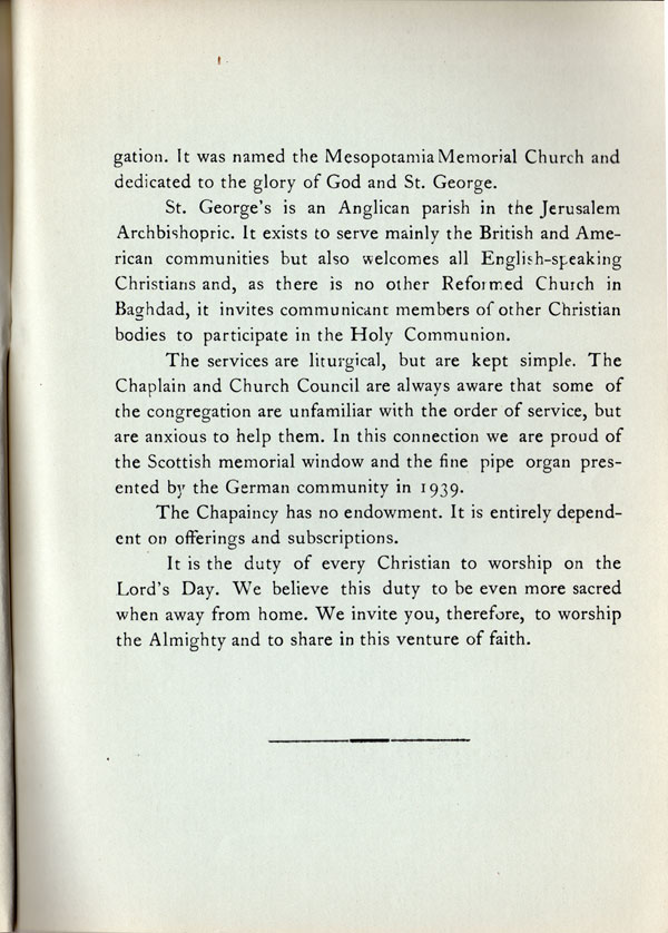 Page 2 of the parish booklet giving a short history of St.George's Memorial Church, Baghdad. Possible date 1950s, but may be earlier. Printed size 13.9cm wide by 19.42cm high
