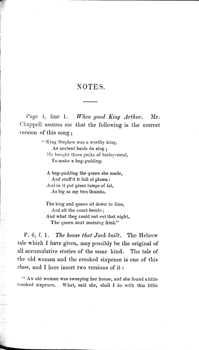 Notes Page from James Halliwell (ed.) 'The Nursery Rhymes of England', 2nd edition, 1843, title page, published size 10.99 cm wide by 19.35 cm high.