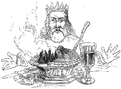 The King sitting at table with his pie before him
