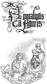 Figure 21. Title of the 'Apocalypse,' by Albert Durer, printed in 1498.  First edition, without text. Published size in Bouchot, 7.8cm wide by 14.2cm high.