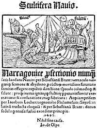 Figure 22. Title of Sebastian Brandt's 'Ship of Fools,' printed in 1497 at Basle by Bergman de Olpe. Published size in Bouchot, 8.5cm wide by 11.4cm high.