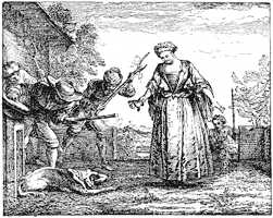 Figure 80. Vignette by Gillot for the 'Chien et le Chat', fable by Houdart de La Motte, in 1719. Published size in Bouchot, 8.4cm wide by 6.7cm high.