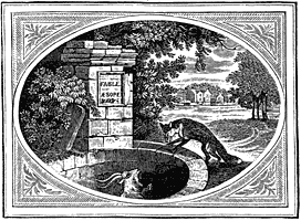 Figure 99. Wood block by Bewick, from his 'Fables', 1818. The fox and the goat. Published size in Bouchot, 7.9cm wide by 5.8cm high.