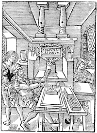 Figure 103. Mark of Jodocus Badius of Asch, representing the interior of a printing office about 1535. Engraving 'a la croix de Lorraine'. Published size in Bouchot, 7cm wide by 9.7cm high.