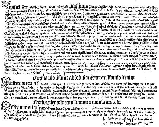 Figure 4. Letters of indulgence, from the so-called edition of thirty-one lines, printed at Mayence in the course of 1454. From Henri Bouchot 'The Printed Book' (1887), page 19, published size in Bouchot 10.9cm wide by 8.5cm high.