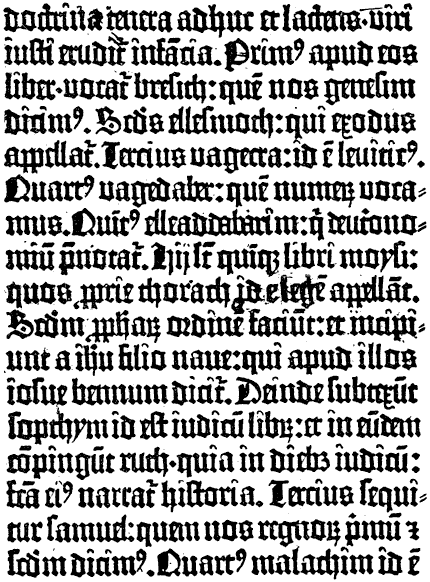 Fragment of the Mazarine Bible, printed in two columns. Beginning of the text in the second column. From Henri Bouchot 'The Printed Book' (1887), page 21, published size in Bouchot 8.8cm wide by 12.1cm high.