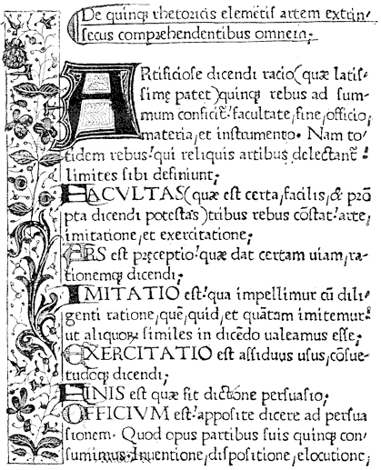 Fig. 12--Rhetorique of Fichet, printed at Paris in 1471. The marginal ornaments are drawn by hand. From Henri Bouchot 'The Printed Book' (1887), page 45, published size in Bouchot 8.7cm wide by 10.7cm high.