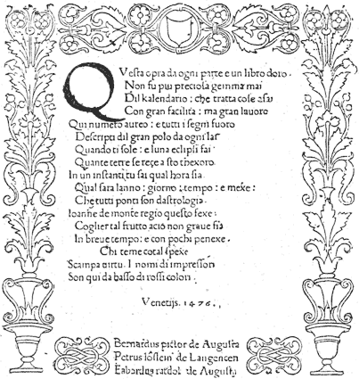 Figure 14.--Title-page of the Calendario, first ornamental title known. Printed in 1476 at Venice. From Henri Bouchot 'The Printed Book' (1887), page 51, published size in Bouchot 6.9cm wide by 7.4cm high.