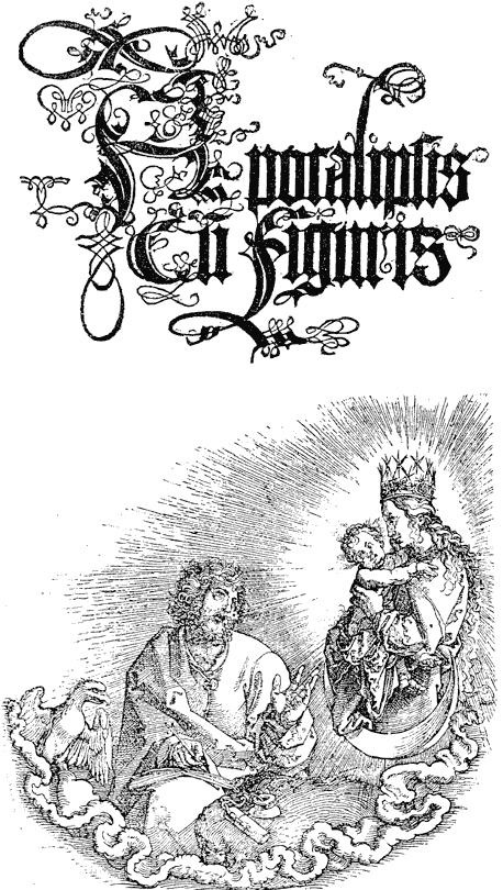 Figure 21.--Title of the 'Apocalypse,' by Albert Durer, printed in 1498.  First edition, without text. From Henri Bouchot 'The Printed Book' (1887), page 63, published size in Bouchot, 7.8cm wide by 14.2cm high.