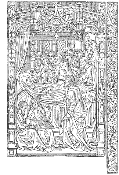 Fig. 27.--The Death of the Virgin, plate taken from the 'Heures' of Simon Vostre, printed in 1488. The border is separate.  From Henri Bouchot 'The Printed Book' (1887), page 75, published size in Bouchot 7.6cm wide by 11.8cm high.