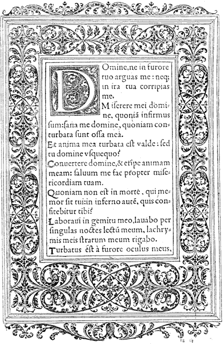 Figure 48.--Full page of the 'Heures de la Vierge' of Simon de Colines, by GeoffroyTory, c.1520. From Henri Bouchot 'The Printed Book' (1887), page 113, published size in Bouchot 9cm wide by 14.2cm high.