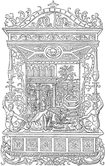 Figure 50.-- Geoffroy Tory's 'Heures de la Vierge' printed for Simon de Colines, with the mark of the Cross of Lorraine. From Henri Bouchot 'The Printed Book' (1887), page 115, published size in Bouchot 7.5cm wide by 11.9cm high.