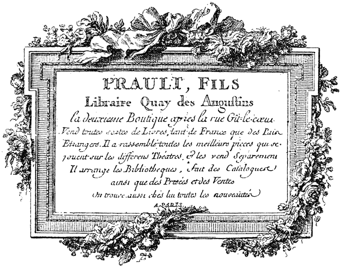 Figure 86.--Card of French 18th century publisher Prault. From Henri Bouchot 'The Printed Book' (1887), page 201, published size in Bouchot 8.5cm wide by 6.5cm high.