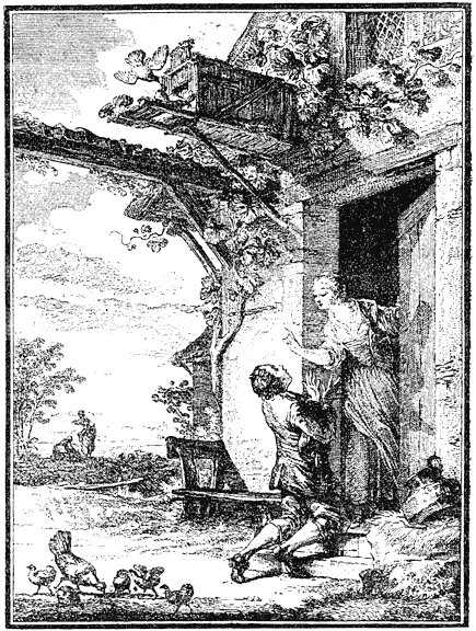 Figure 88.--Moreau le Jeune, 18th century French illustrator, the 'Pardon Obtenu' for Laborde's 'Chansons', 1773. From Henri Bouchot 'The Printed Book' (1887), page 203, published size in Bouchot 7.4cm wide by 10cm high.