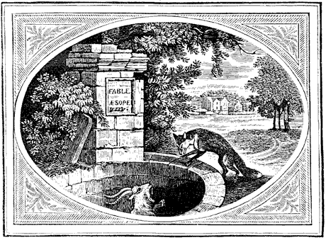 Figure 99.--Thomas Bewick (1753-1828), woodcut, The Fox and the Goat,  from his 'Fables', 1818. From Henri Bouchot 'The Printed Book' (1887), page 235, published size in Bouchot 7.9 cm wide by 5.8 cm high.