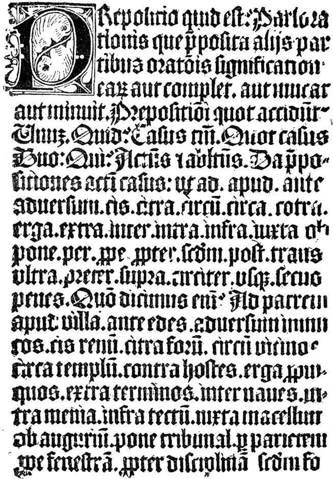 Part of a Donatus taken from a xylograph, the original of which is preserved in the Bibliotheque Nationale. From Henri Bouchot 'The Printed Book' 1887, page 5, published size 8.1cm wide by 11.8cm high.