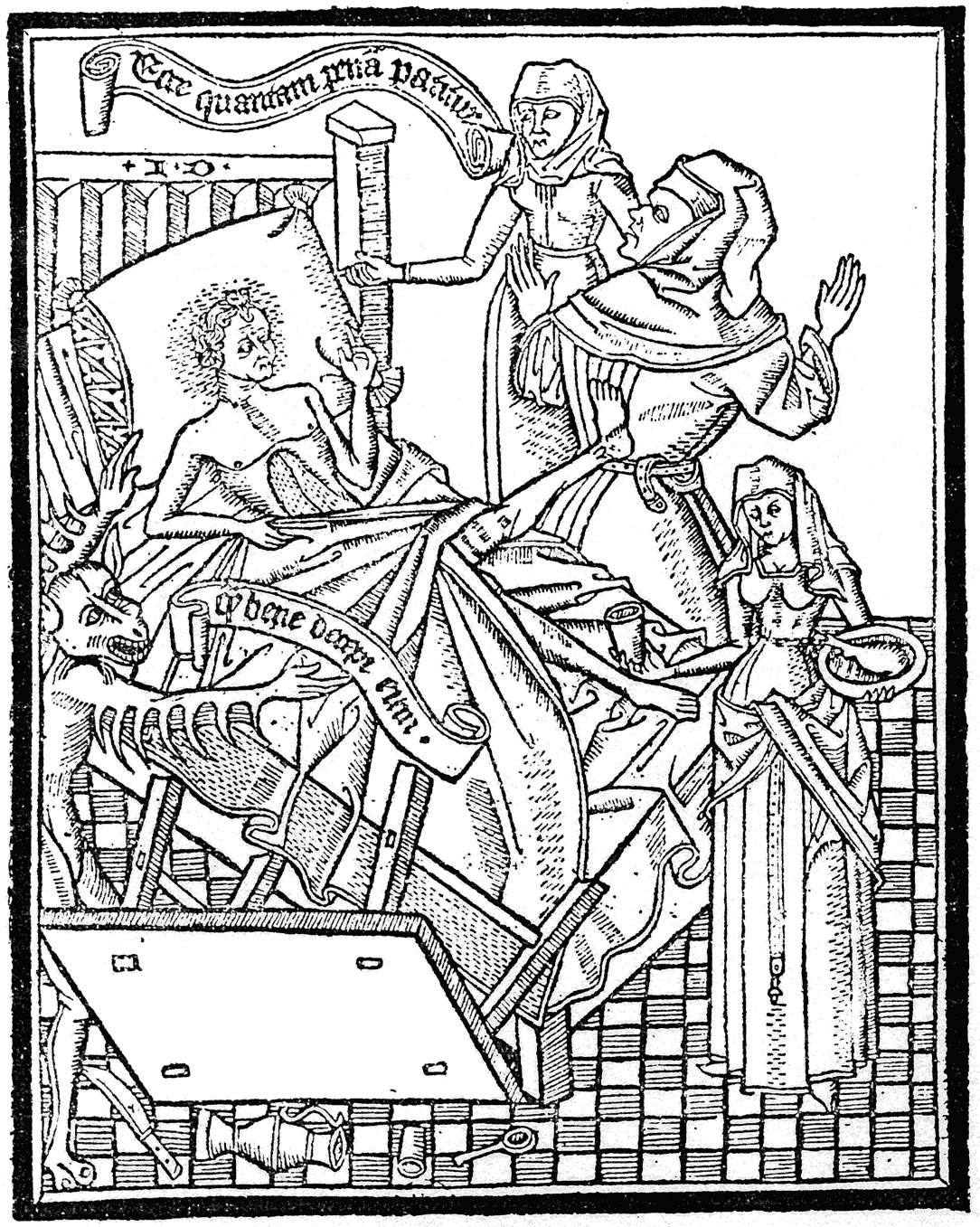 Xylographic figure from the Ars Moriendi, copied in reverse in the Art au Morier. From Henri Bouchot 'The Printed Book' (1887), page 9, published size in Bouchot 7.6cm wide by 9.6cm high.