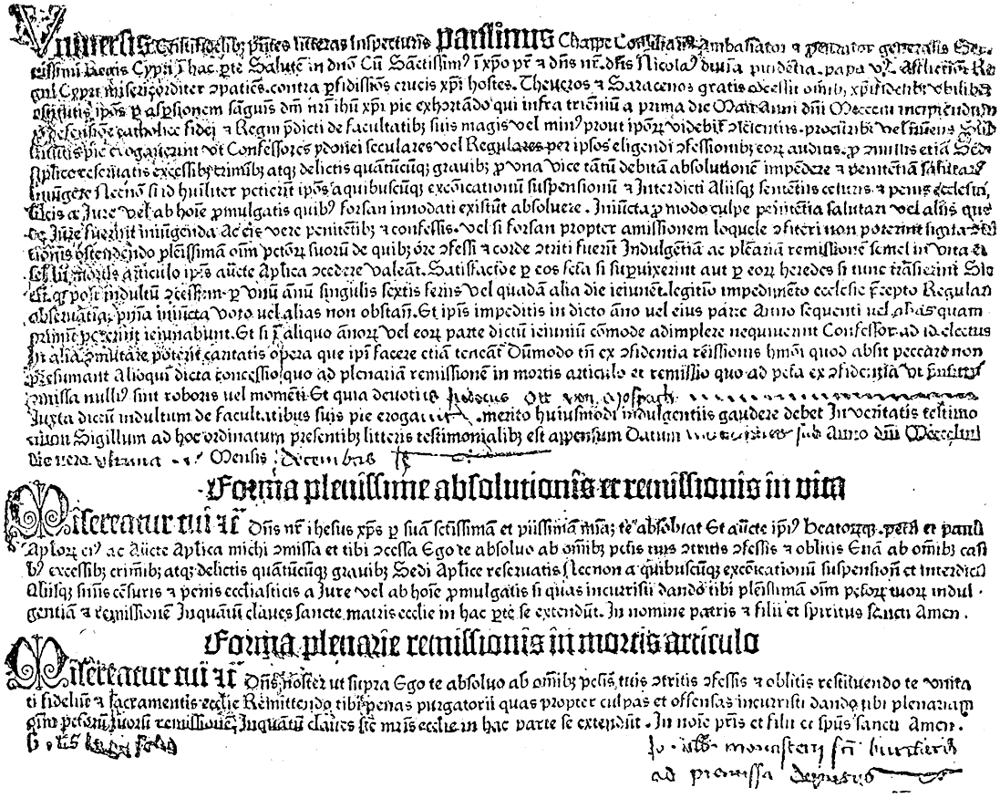 Letters of indulgence, from the so-called edition of thirty-one lines, printed at Mayence in the course of 1454. From Henri Bouchot 'The Printed Book' (1887), page 19, published size in Bouchot 10.9cm wide by 8.5cm high.