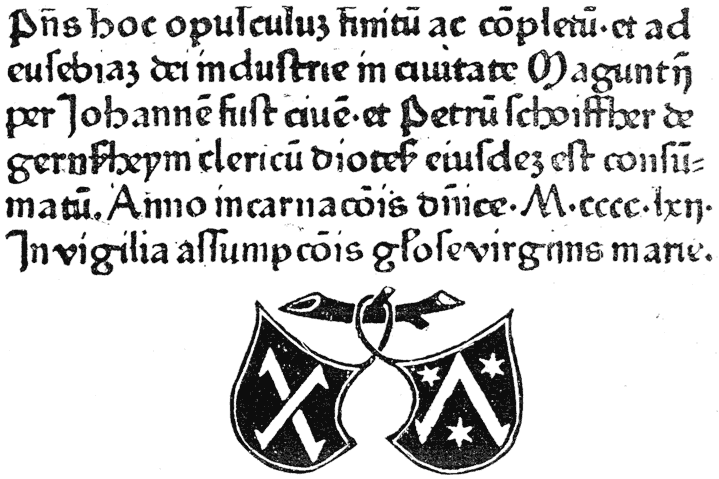 Colophon of the Bible printed in 1462 by Fust and Schoeffer, which is the first dated Bible. From Henri Bouchot 'The Printed Book' (1887), page 26, published size in Bouchot 8.8cm wide by 5.9cm high.