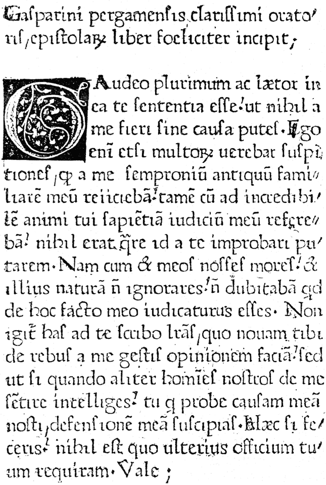 'Letters' of Gasparin of Bergamo. First page of the first book printed at Paris, in 1470. From Henri Bouchot 'The Printed Book' (1887), page 43, published size in Bouchot 8.1cm wide by 11.9cm high.