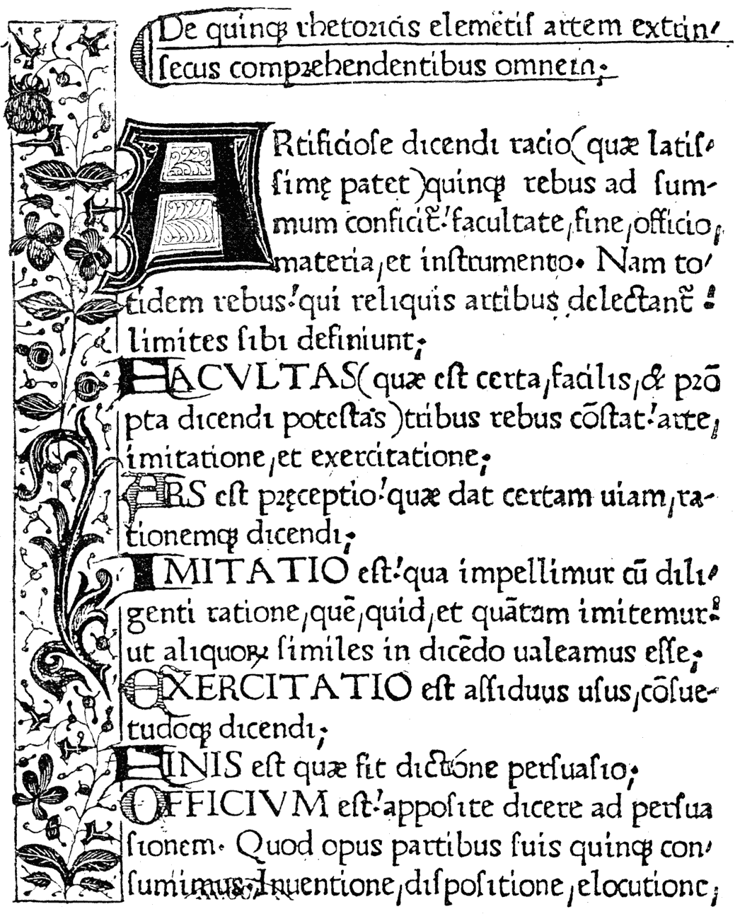 Rhetorique of Fichet, printed at Paris in 1471. The marginal ornaments are drawn by hand. From Henri Bouchot 'The Printed Book' (1887), page 45, published size in Bouchot 8.7cm wide by 10.7cm high.