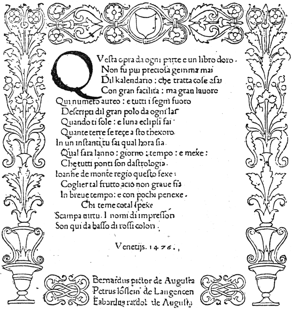 Title-page of the Calendario, first ornamental title known. Printed in 1476 at Venice. From Henri Bouchot 'The Printed Book' (1887), page 51, published size in Bouchot 6.9cm wide by 7.4cm high.