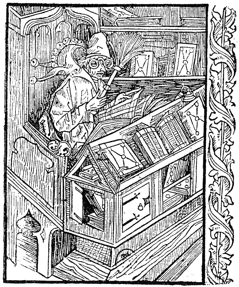 The 'Bibliomaniac'. Engraving from the 'Ship of Fools.' From Henri Bouchot 'The Printed Book' (1887), page 65, published size in Bouchot 5.9cm wide by 7.2cm high.