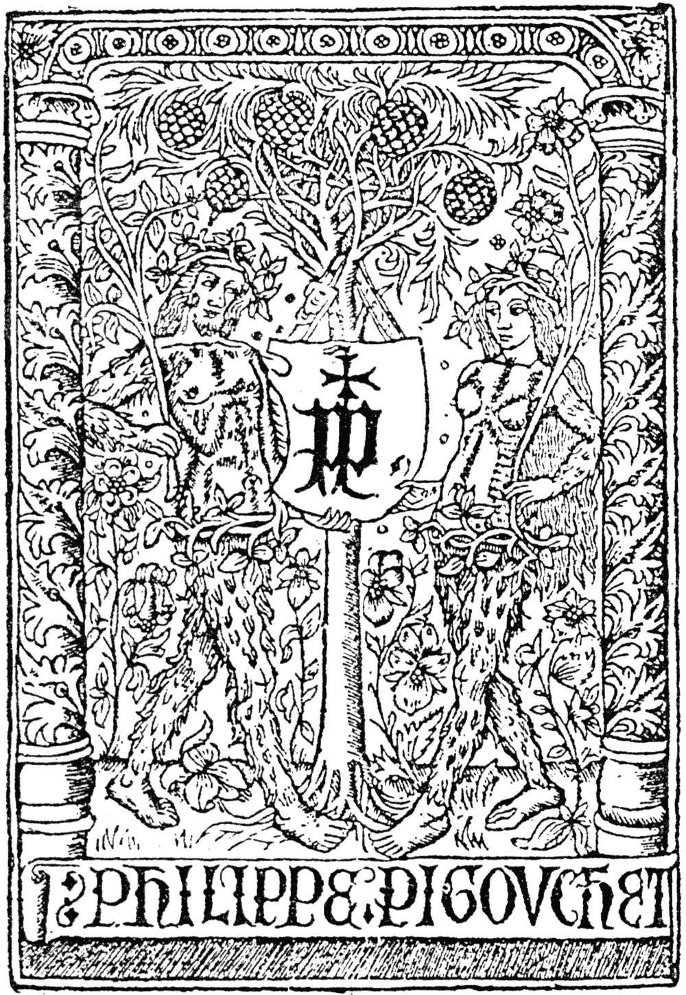 Mark of Philip Pigouchet, French printer and wood engraver of the fifteenth century.  From Henri Bouchot 'The Printed Book' (1887), page 71, published size in Bouchot, 5cm wide by 7.4cm high.