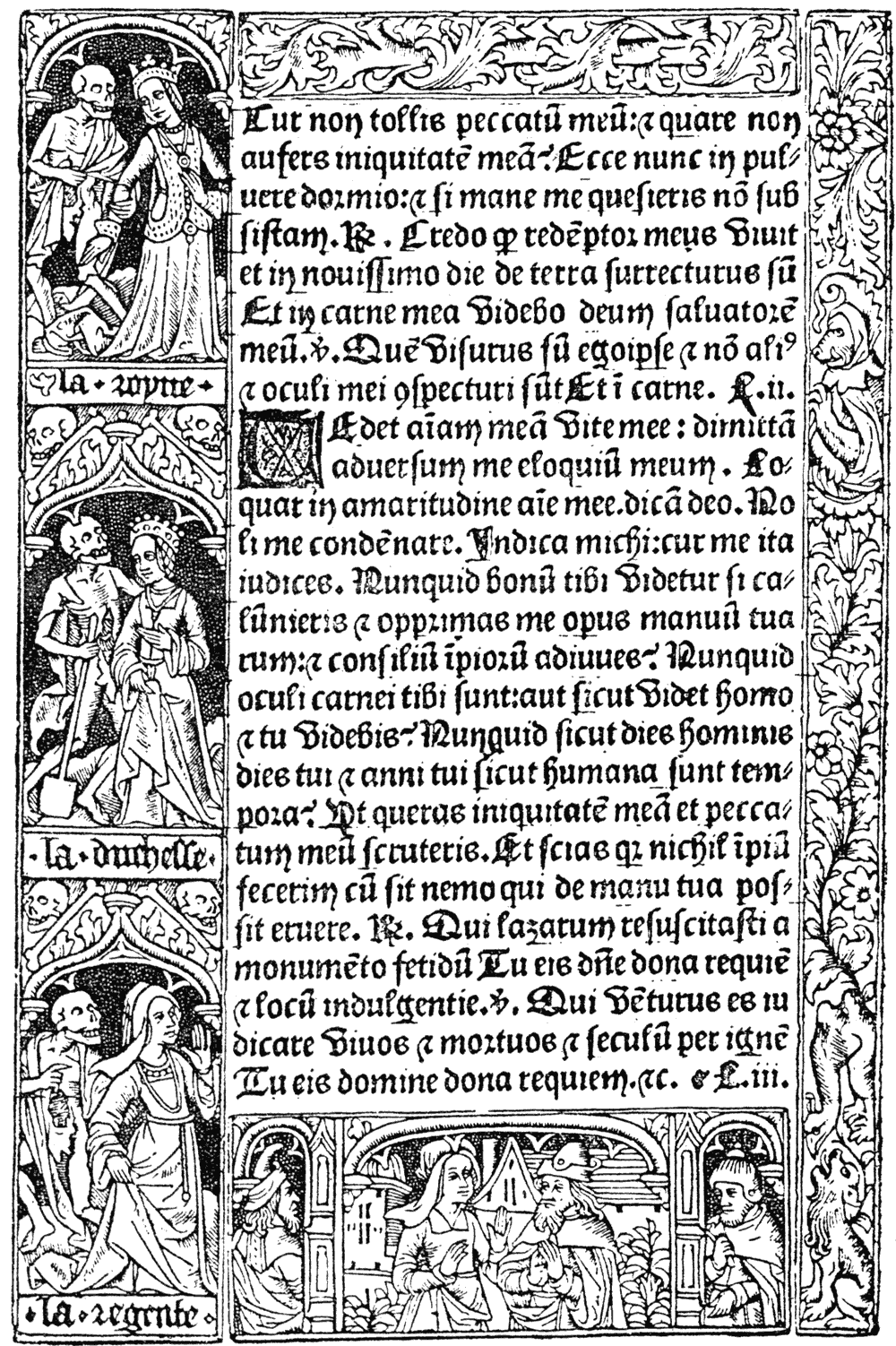 Border in four separate blocks in the Heures  l' Usaige de Rome, by Pigouchet, for Simon Vostre, in 1488. Small figures from the 'Dance of Death.'  From Henri Bouchot 'The Printed Book' (1887), page 73, published size in Bouchot 7.4cm wide by 11.3cm high.