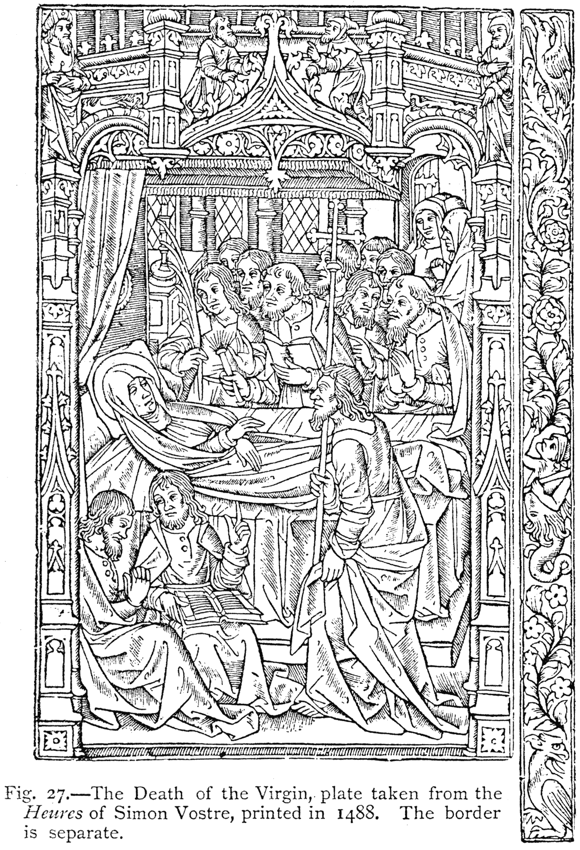 The Death of the Virgin, plate taken from the 'Heures' of Simon Vostre, printed in 1488. The border is separate.  From Henri Bouchot 'The Printed Book' (1887), page 75, published size in Bouchot 7.6cm wide by 11.8cm high.