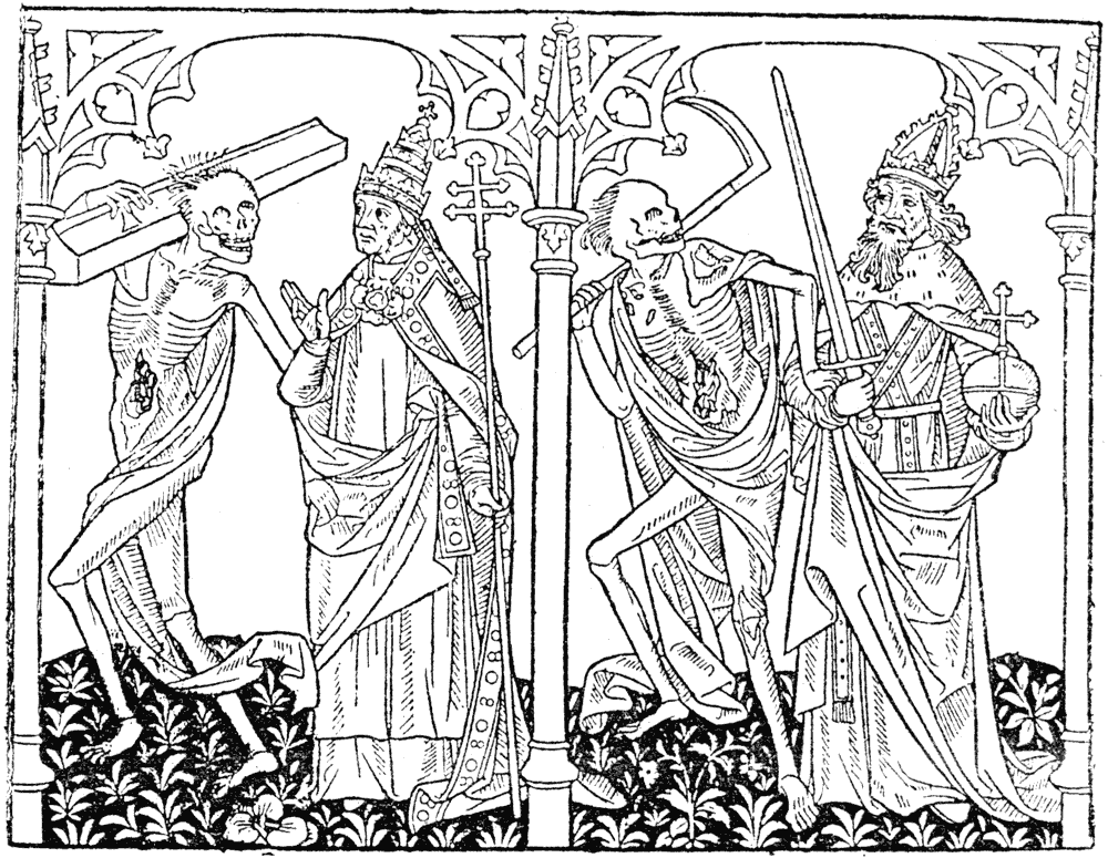 Dance of Death, said to be by Verard. The Pope and the Emperor. From Henri Bouchot 'The Printed Book' (1887), page 84, published size in Bouchot 7.9cm wide by 6.2cm high.