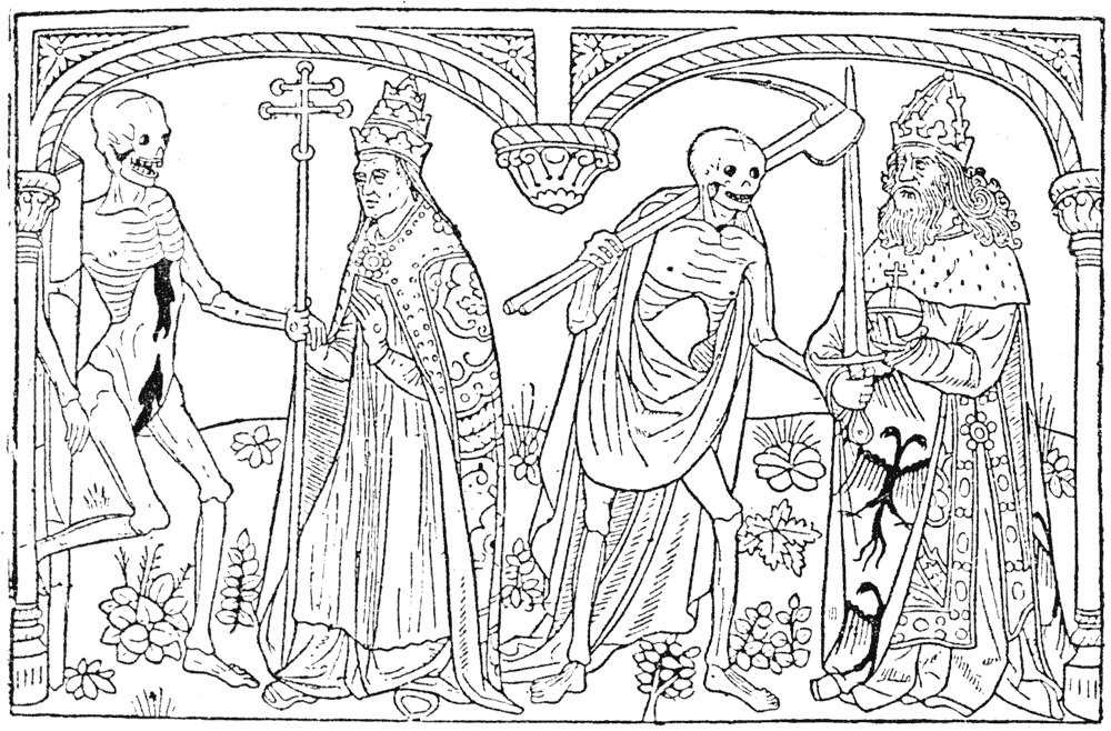 Dance of Death of Guyot Marchant in 1486. The Pope and the Emperor. From Henri Bouchot 'The Printed Book' (1887), page 85, published size in Bouchot 7.9cm wide by 5.2cm high.